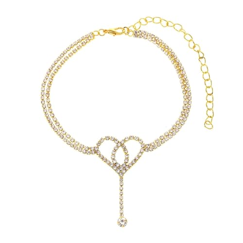 Gualiy Fußkette Freundschaft, Fußkettchen Damen Gold Doppelschicht Zirkonia Kette mit Hohl Herz Fußkette Verstellbar 22.7+10cm von Gualiy