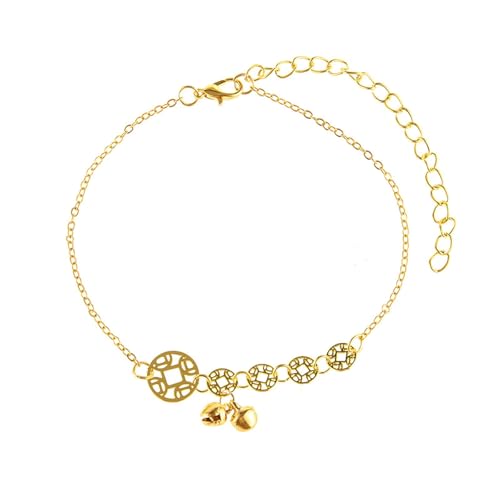 Gualiy Fußkette Freundschaft, Fußkettchen Damen Gold mit Münze und Schellen Charme Fußkettchen Verstellbar 23.5+8.7cm von Gualiy