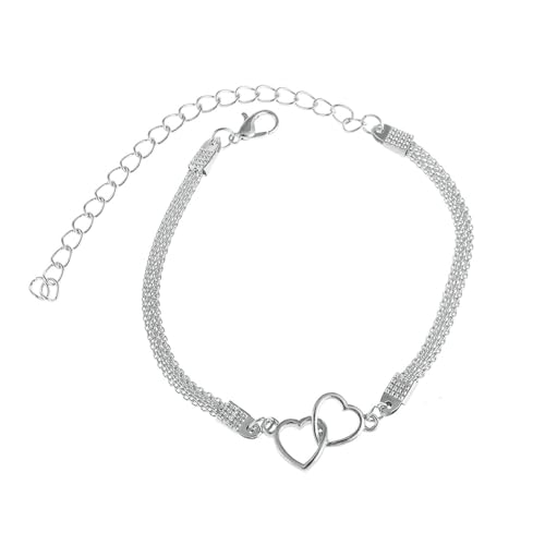 Gualiy Fußkette Freundschaft, Fußkettchen Damen Silber Doppelt Herz Fußkette Verstellbar 20+9.5cm von Gualiy