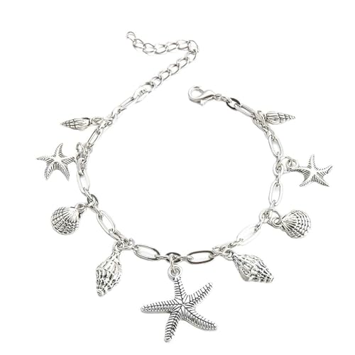 Gualiy Fußkette Freundschaft, Fußkettchen Damen Silber Seestern Muschel Fußkettchen Verstellbar 19+5cm von Gualiy