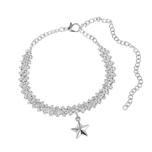 Gualiy Fußkette Freundschaft, Fußkettchen Damen Silber Zirkonia Tennis-Kette mit Stern Charme Fußkette Verstellbar 18+10cm von Gualiy