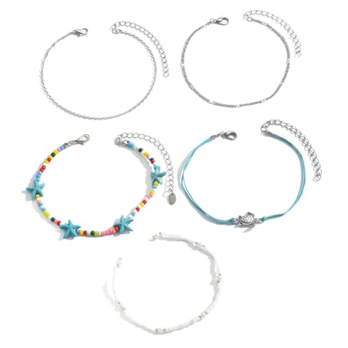 Gualiy Fußkette Freundschaft, Fußkettchen Mehrschichtig Kette mit Seestern und Schildkröte Damen Fußkette 21.5+6.5cm von Gualiy