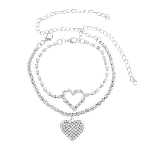 Gualiy Fußkette Freundschaft, Fußkettchen Silber Doppelschicht Herz mit Zirkonia Damen Fußkette 20.5+10cm von Gualiy