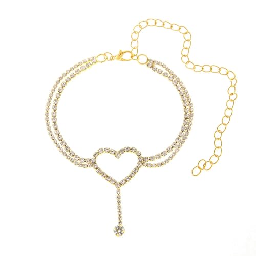 Gualiy Fußkette Freundschaft, Fußkette Damen Gold Doppelschicht Herz mit Zirkonia Fussketten Frauen Boho 19.5+10cm von Gualiy