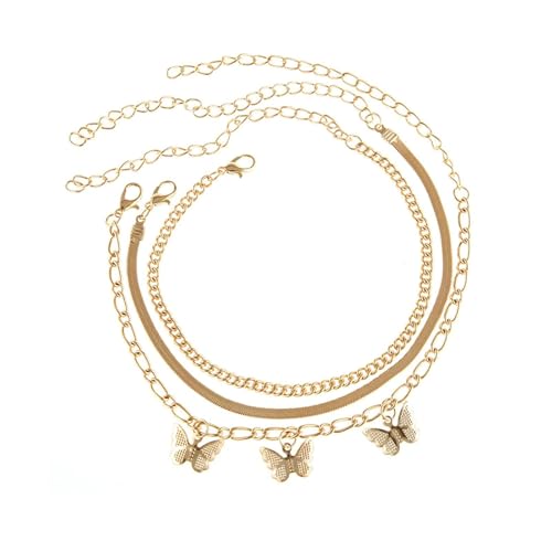 Gualiy Fußkette Gold Damen, Fußkettchen 3PCS Set Mehrschichtig Kette mit Schmetterling Fußkette Damen 21.5+10cm von Gualiy