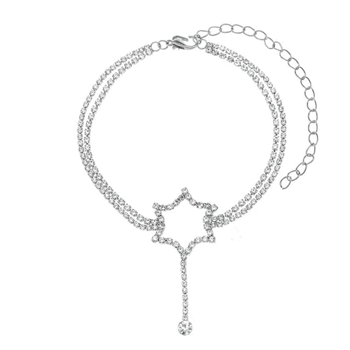 Gualiy Fußketten Damen Silber, Fußkettchen Doppellagige Kette mit Stern Zirkonia Fußkettchen Verstellbar 21.7+10cm von Gualiy