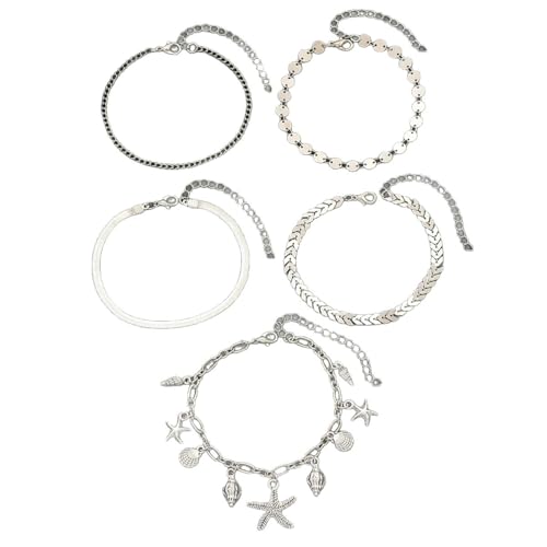 Gualiy Fußketten Silber Damen, Fußkettchen Mehrschichtig Kette mit Muschel Seestern Charme Frauen Fußkette 21+7cm von Gualiy