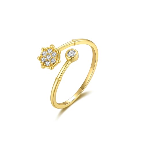 Gualiy Gelbgold Damen Ring, 14 Karat Eheringe Freundschaftsringe mit Rund Moissanit Einstellbar Ring Größe 54 von Gualiy