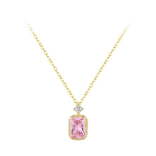 Gualiy Halskette Damen Echt Gold, 14 Karat Gelbgold Anhänger mit Rechteck Labor Erzeugter Rosa Saphir Halsketten Anhänger 585 Gold 40+5cm von Gualiy