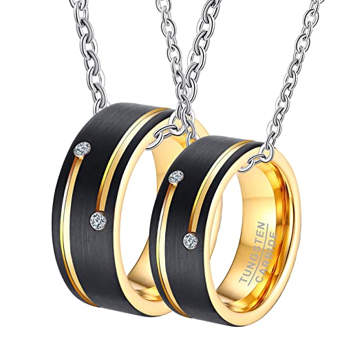 Gualiy Halskette Paar Personalisiert, Halskette Wolfram Damen Vergoldet Schwarz Gebürstet Ring mit Zirkonia Anhänger Damen 54 + Herren 60 von Gualiy