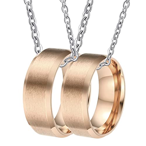 Gualiy Halskette Paare Personalisiert, Edelstahl Halskette Anhänger 8mm Roségold Ring mit Schrägkante Halskette Damen 52 + Herren 65 von Gualiy