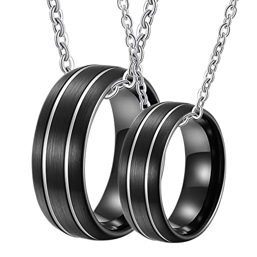 Gualiy Halskette Paare Personalisiert, Halsketten Anhänger Wolfram 8mm Schwarz Gebürstet Ring mit Nut Halskette Damen 57 + Herren 62 von Gualiy