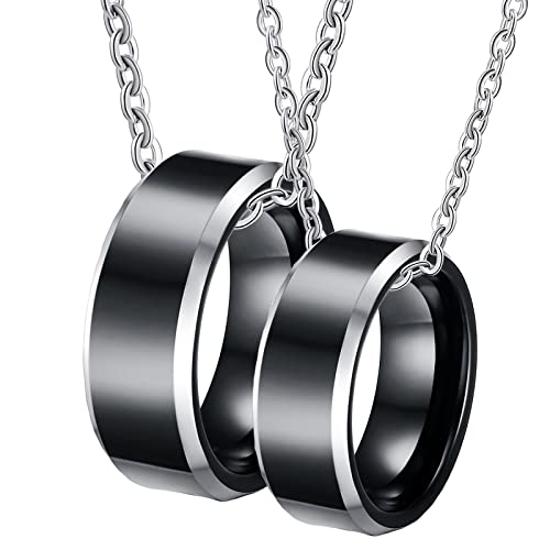 Gualiy Halskette für Paare Personalisiert, Wolfram Kette Anhänger 8mm Schwarz Ring mit Silber Abgeschrägte Kante Halsketten Damen 62 + Herren 62 von Gualiy
