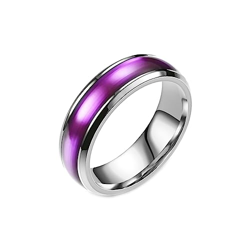 Gualiy Herren-Ring Edelstahl, Ringe Damen Silber 6MM mit Lila Emaille Ringe Größe 70 (22.3) von Gualiy