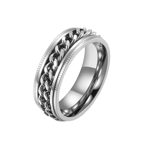 Gualiy Herren-Ring Titan, Silber Fidget Ring Spinner 8MM Drehbare Kette Ringe Größe 70 (22.3) von Gualiy