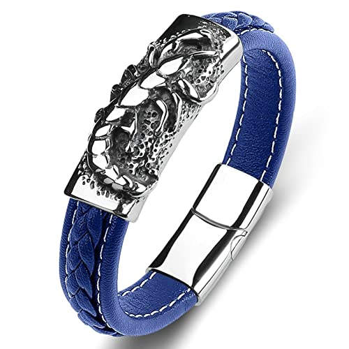 Gualiy Herren Schmuck Armband Edelstahl, Männer Schmuck Armband Leder Blau Geflochten Armband mit Skorpion 18.5CM Armband Hippie Herren von Gualiy
