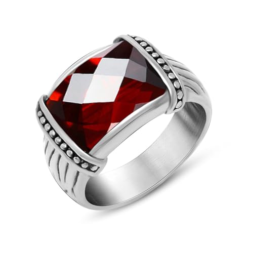 Gualiy Herrenringe Edelstahl Retro, Herren Ringe Silber mit Rechteck Rot Stein Ringe Größe 60 (19.1) von Gualiy