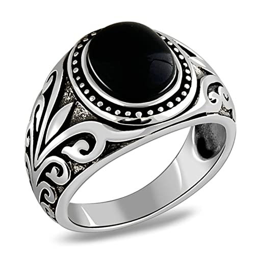 Gualiy Herrenringe Silber 925, Herren Ringe Vintage Antikes Muster mit Schwarz Stein Ring Größe 69 (22.0) von Gualiy