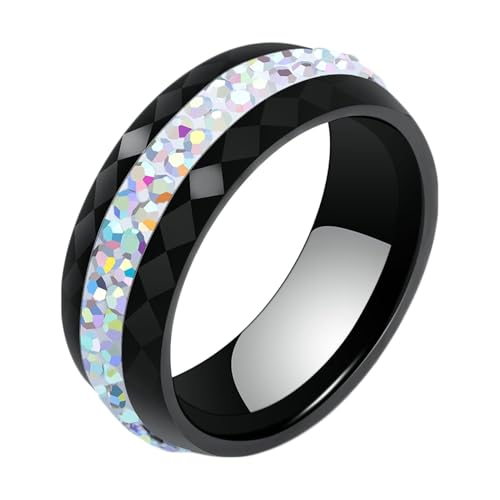 Gualiy Keramikring Männer, Schwarz Hochzeit Ringe Damen 8MM Ring mit Rund Bunt Zirkonia Ringe Größe 54 (17.2) von Gualiy