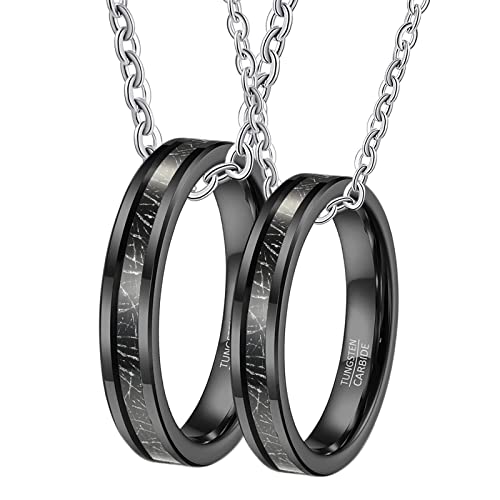 Gualiy Kette Personalisiert Pärchen, Halskette Wolfram Set 4mm Schwarz Ring Eingelegt Metalllinie Paar Anhänger Damen 52 + Herren 54 von Gualiy