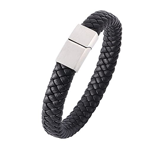 Gualiy Männer Edelstahl Armband, Männer Armband Leder Schwarz Geflochten Armband mit Silberschnalle 20.5CM Armband Herren von Gualiy