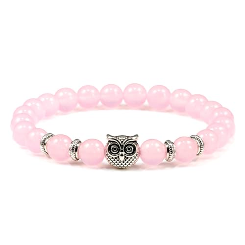 Gualiy Naturstein Armband Damen, 8MM Rosa Stein Armband mit Eule für Herren 18CM von Gualiy
