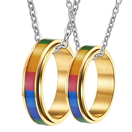 Gualiy Pärchen Kette Personalisiert, Edelstahl Halskette Männer Gold Drehbar LGBT Ring 6mm Paar Halsketten Damen 52 + Herren 54 von Gualiy