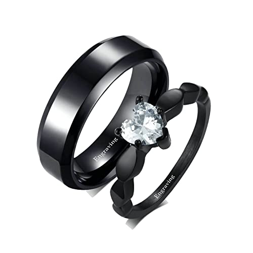 Gualiy Pärchen Ringe Personalisiert, Ring Für Männer Frauen Edelstahl6MM Schwarzer Ring, Ring mit Zirkonia Herz Ring Paare Damen 60 (19.1) & Herren 62 (19.7) von Gualiy