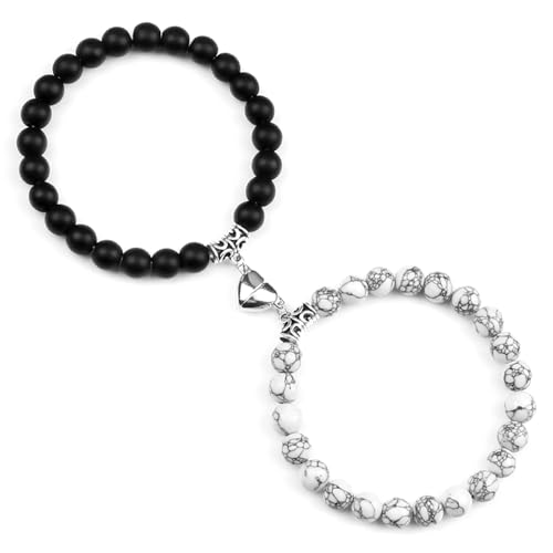 Gualiy Perlenarmband Damen, 8MM Matt Stein Weiß Türkis Armband mit Herz für Herren 18CM von Gualiy