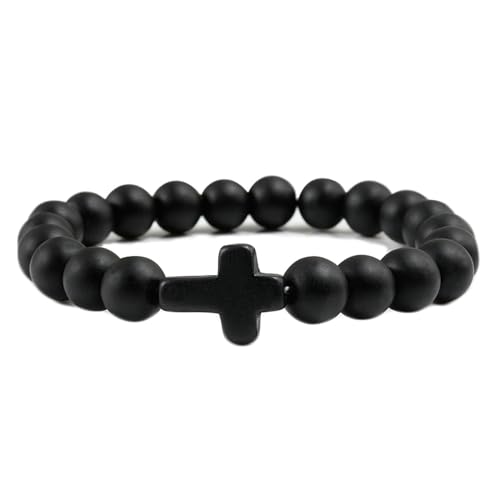Gualiy Perlenarmband Damen, 8MM Schwarz Matt Stein Armband mit Kreuz für Herren 19CM von Gualiy