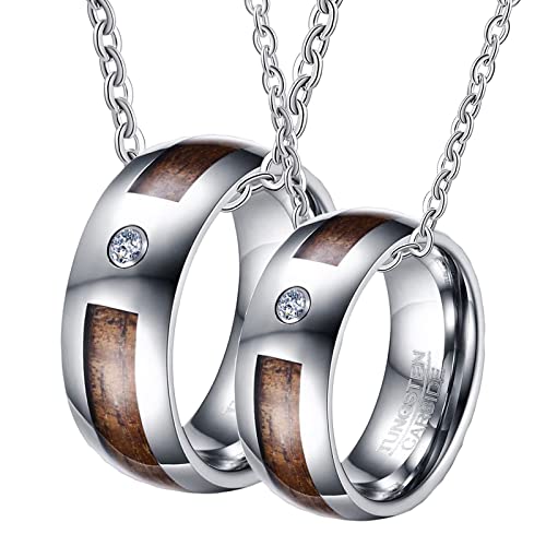 Gualiy Personalisierte Paar Halskette, Pärchen Kette Wolfram Zirkonia Ring mit Holz Einlage Halskette Damen 65 + Herren 62 von Gualiy
