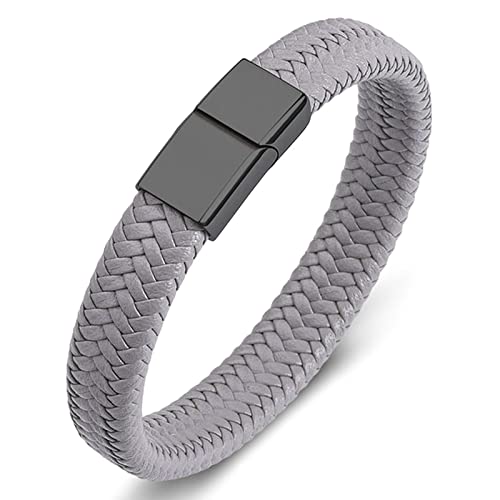 Gualiy Schmuck Herren Armband Edelstahl, Leder Armband Für Männer Grau Geflochten Armband mit Schwarz Schnalle 18.5CM Armband Retro Herren von Gualiy