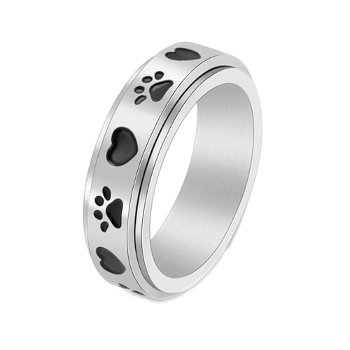 Gualiy Titan Ring für Männer, Silber Ring Fidget Spinner Herren 6MM Herz Pfote Drucken Drehbar Ringe Größe 54 (17.2) von Gualiy
