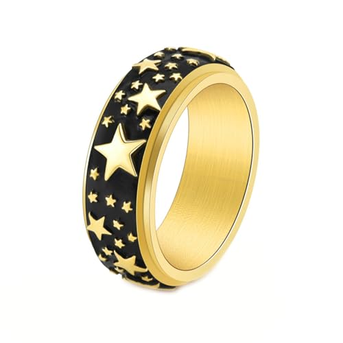 Gualiy Titanring Herren, Gold Schwarz Fidget Spinner Ring Damen 8MM Ring mit Drehbar Stern Ring Größe 52 (16.6) von Gualiy