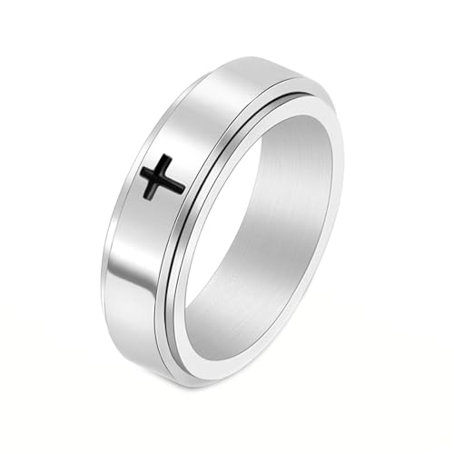 Gualiy Titanring Männer, Silber Anti Stress Ring Fidget 6MM Kreuz Drehbar Ring Größe 57 (18.1) von Gualiy