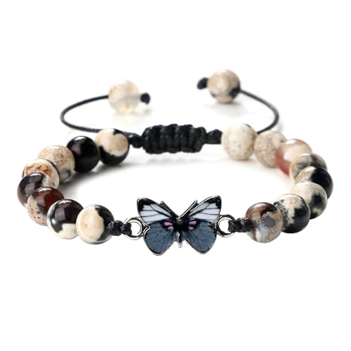 Gualiy Yoga Armband Damen, 8MM Achat Stein Armband mit Schmetterling für Herren 17-28CM von Gualiy