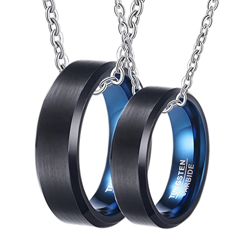 Halskette Paar Gravur, Ring Halskette Wolfram 6mm Schwarz Gebürstet Ring Abgeschrägte Kante Anhänger Damen 57 + Herren 62 von Gualiy