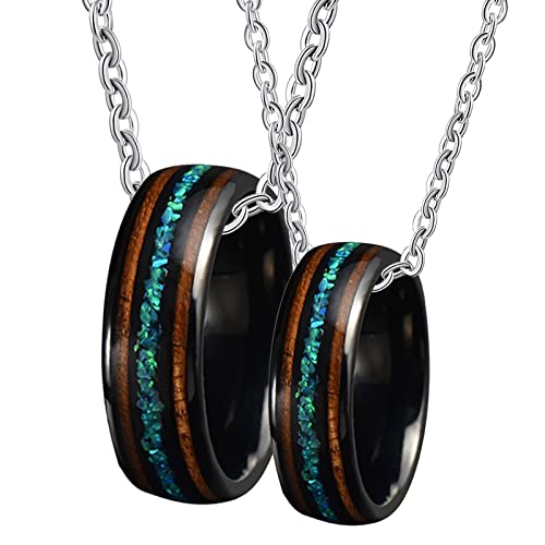 Halskette Paare Ring, Wolfram Halskette mit Anhänger Gravur 8mm Schwarz Ring Einlegen Opal und Holz Halsketten Damen 62 + Herren 57 von Gualiy