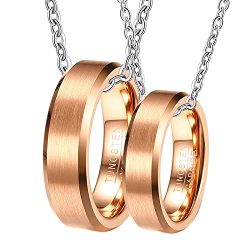 Halskette Paare Set, Halskette Wolfram Hochzeit Gravur 6mm Roségold Ring Abgeschrägte Kante Anhänger Damen 65 + Herren 57 von Gualiy