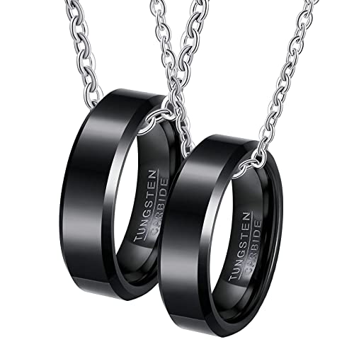 Halskette Paare Set, Unisex Halskette Wolfram Gravur 6mm Schwarz Ring Abgeschrägte Kante Anhänger Damen 65 + Herren 62 von Gualiy