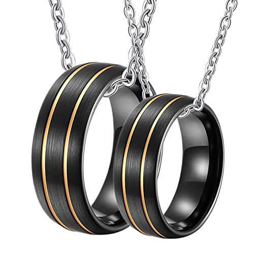Halskette Ring Paare, Halsketten Anhänger Wolfram Gravur 8mm Schwarz Gebürstet Ring mit Nut Anhänger Damen 62 + Herren 57 von Gualiy