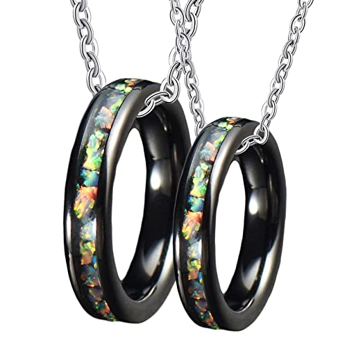 Halskette Ring Paare, Wolfram Halsketten Anhänger Gravur 4mm Schwarz Ring Einlegen Bunte Schale Anhänger Damen 62 + Herren 62 von Gualiy