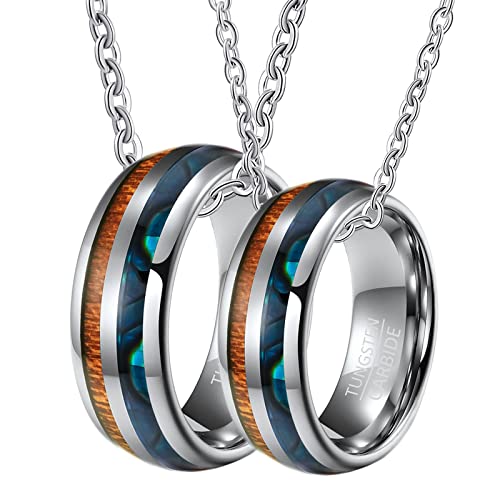 Halskette Set Paare, Halskette Anhänger Wolfram Gravur 8mm Silber Ring Eingelegt Holz und Schale Halsketten Damen 65 + Herren 60 von Gualiy