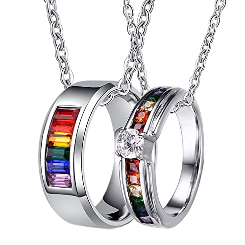Halskette für Paare mit Gravur, Halskette Set Edelstahl LGBT Ring mit Regenbogen Zirkonia Halskette Damen 52 + Herren 65 von Gualiy