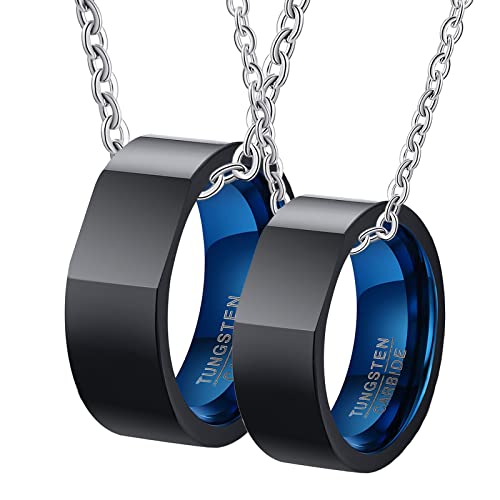 Halskette mit Ring Paar, Pärchen Wolfram Kette Gravur Schwarz Blau Ring Band 8mm Halskette Damen 62 + Herren 67 von Gualiy