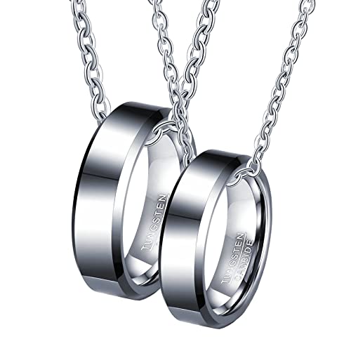 Halskette mit Ring für Paare, Wolfram Kette Anhänger Gravur 6mm Silber Ring Abgeschrägte Kante Halskette Damen 54 + Herren 62 von Gualiy