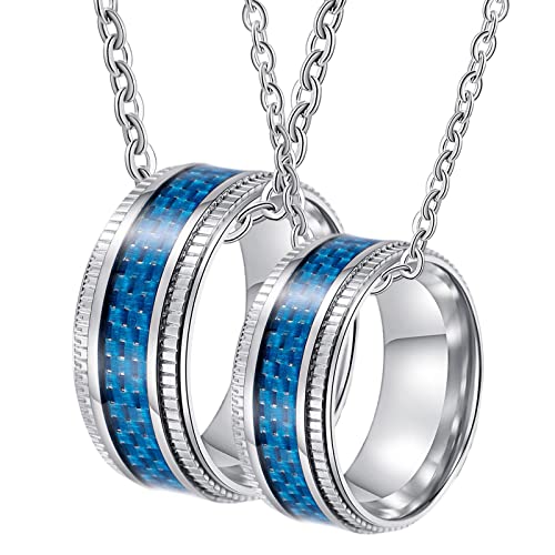 Halskette mit Ringanhänger Paare, Halskette Männer Edelstahl Gravur 9.5mm Silber Ring Eingelegt Blau Kohlefaser Anhänger Damen 54 + Herren 67 von Gualiy