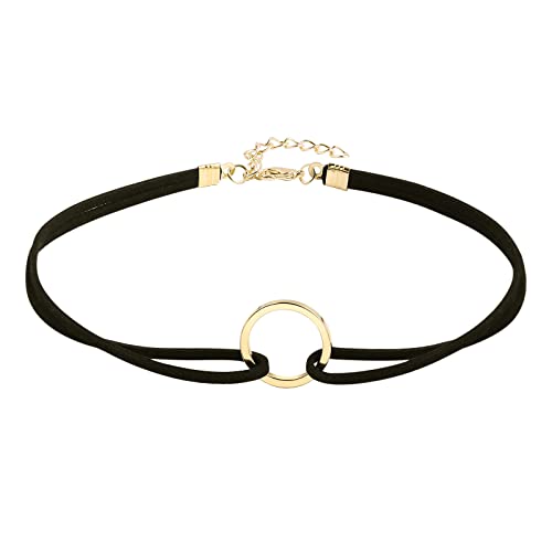 Kragen Halskette Einstellbar Halskette Gliederkette Samt O-Ring Form Anhänger Gothic Halsband Gold Schwarz mit Zirkonia, 31.5+8.3 cm von Gualiy