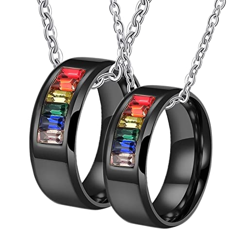 Paar Halskette mit Ring, Halskette Edelstahl Gravur Schwarz LGBT Ring mit Regenbogen Zirkonia Halskette Damen 62 + Herren 67 von Gualiy