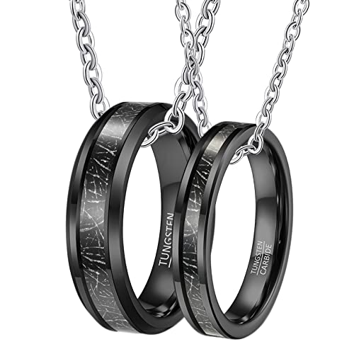 Paar Halskette mit Ring, Halskette Paare Wolfram Gravur 4mm 6mm Schwarz Ring Eingelegt Metalllinie Halskette Damen 52 + Herren 57 von Gualiy